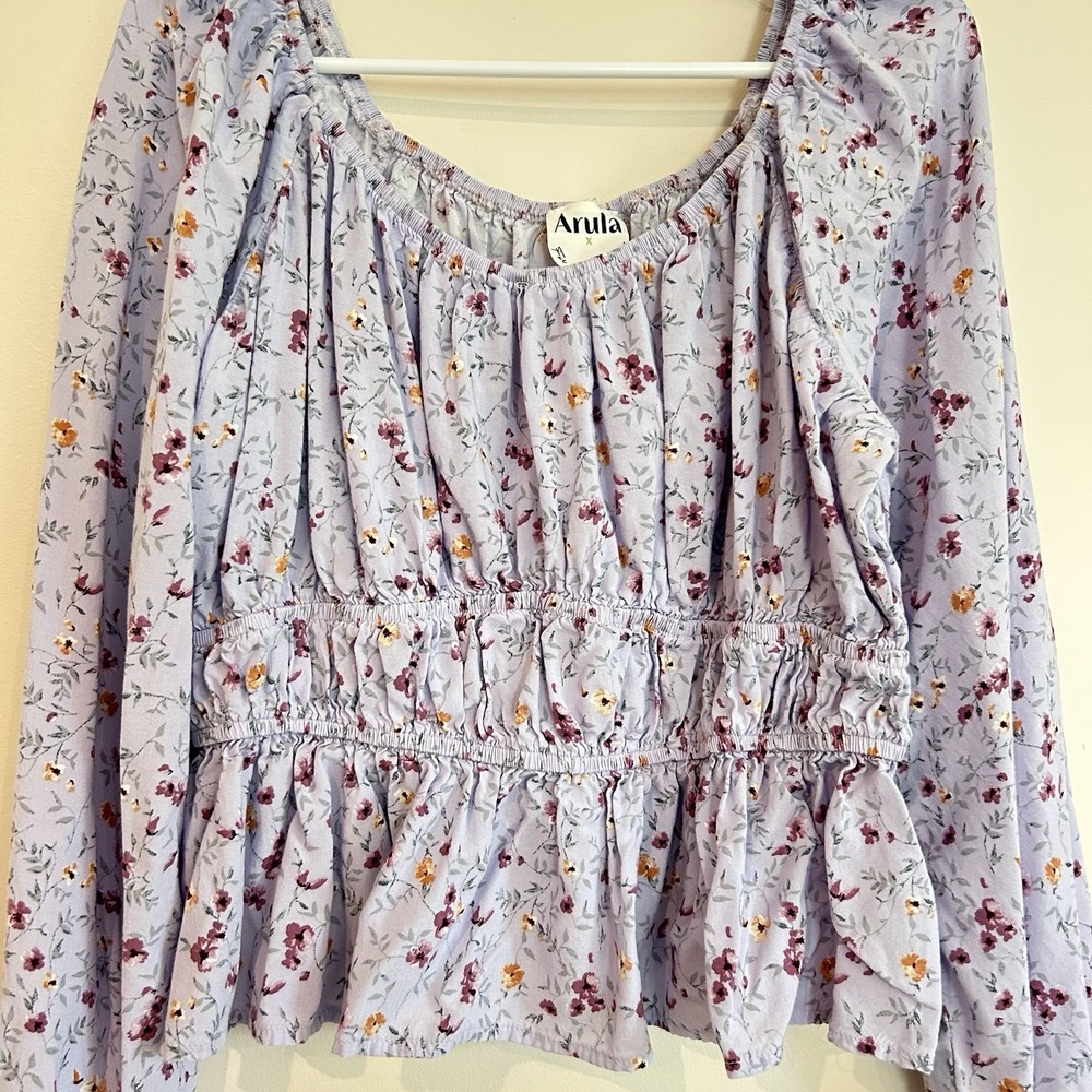 Arula Floral Purple Blouse Sz S Peasant Milkmaid Balloon Sleeve Cottagecore - Picture 3 of 10